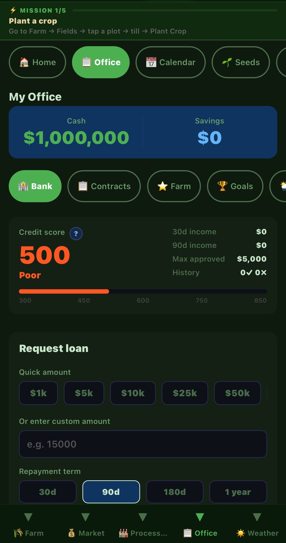 Farm Banking — build your credit score and take out loans to expand faster