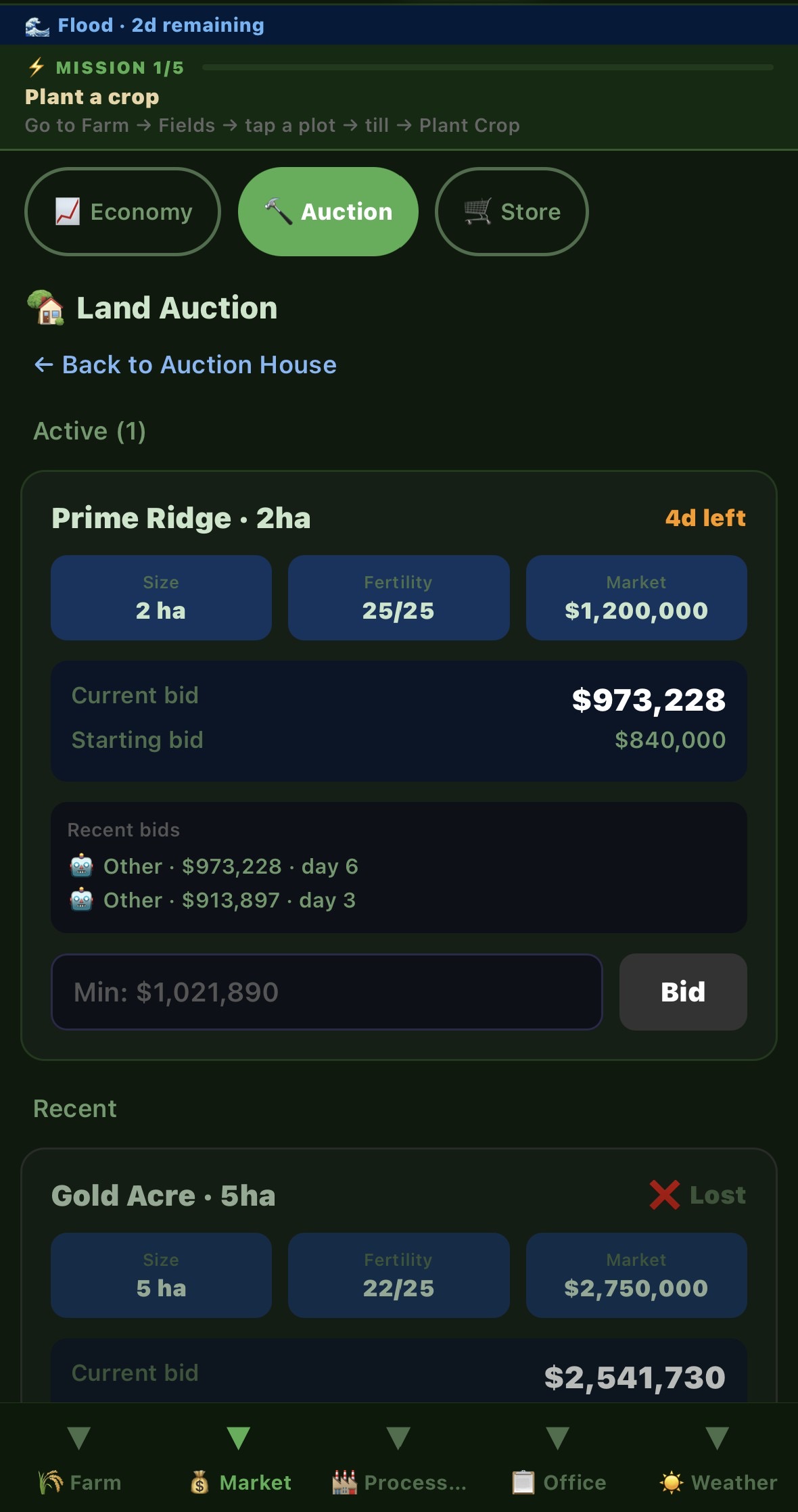 Land Auction — bid on premium plots against AI neighbours in real-time auctions
