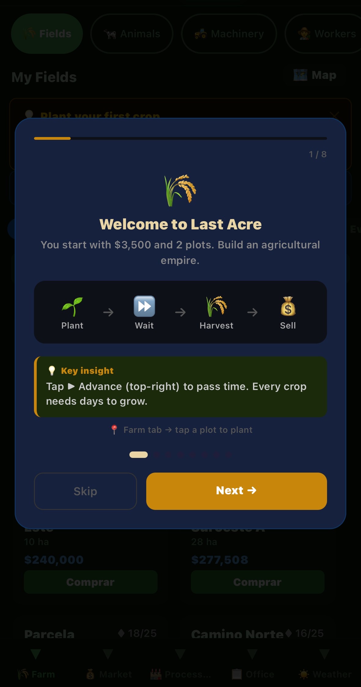 Welcome to Last Acre — start with $3,500 and 2 plots, build an agricultural empire